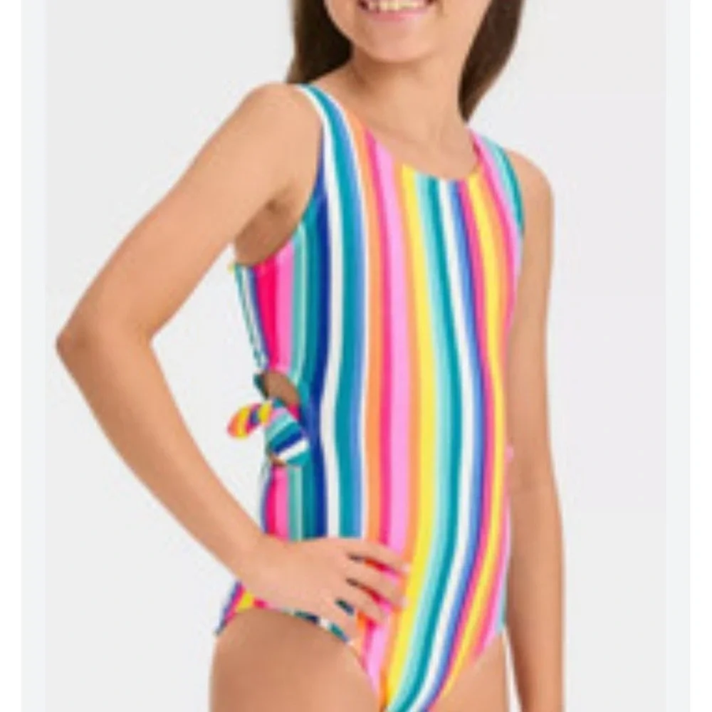 Cat & Jack Girls Rainbow Stripe One Piece Swimsuit Side Cut Out Size L 10/12 NWT